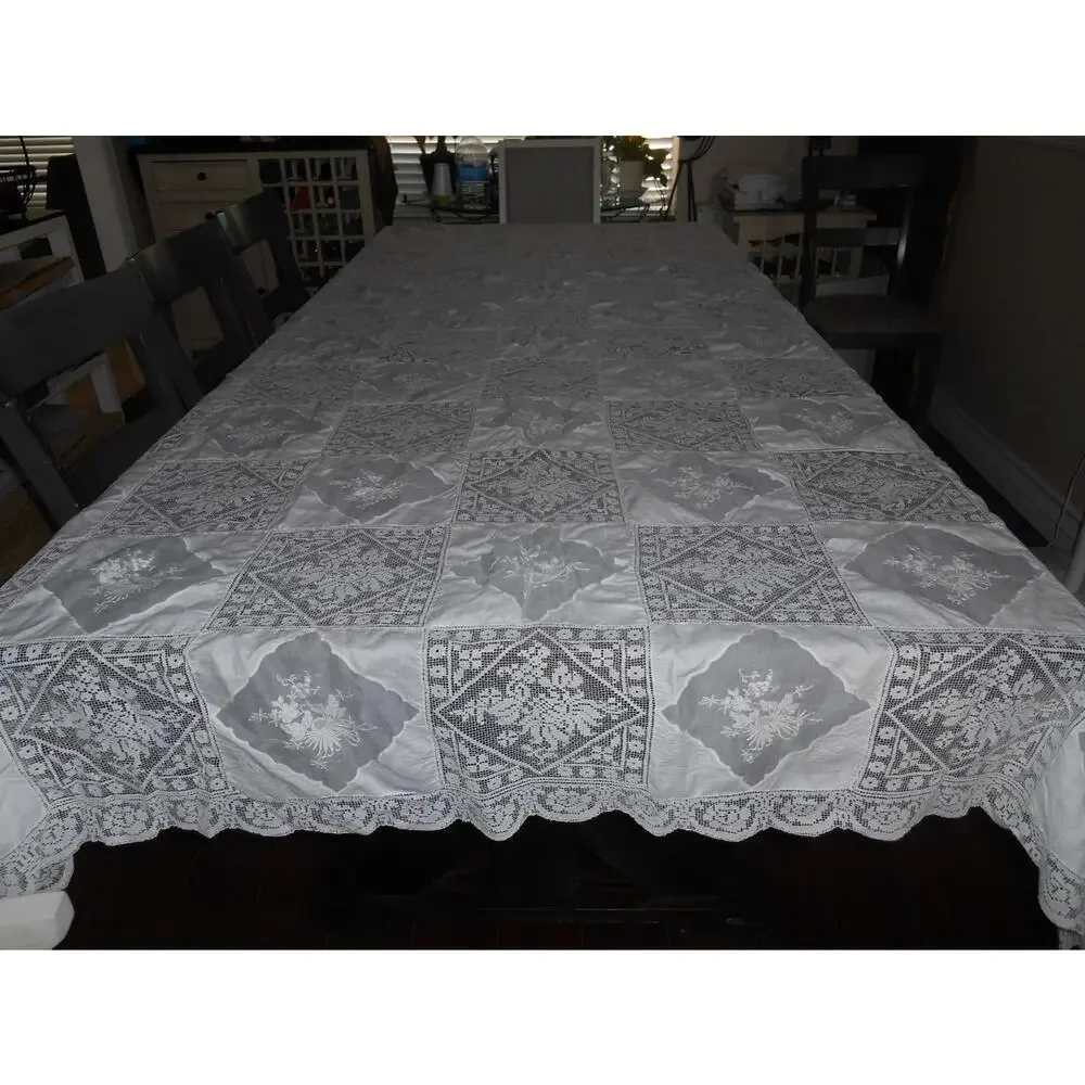 VTG Linen Filet Lace Banquet Tablecloth Floral Applique Army Navy 115